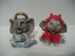 Vintage George Good Trunk Up Elephant Pair - Angel And Devil Porcelain Figurines