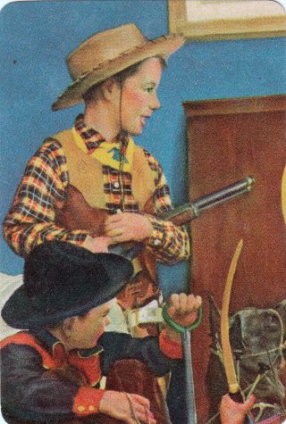 1 Playing Swap Card Us B/back Lithograph Boys Playing Cowboy & Indians 1950s