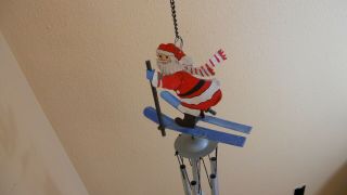 Vintage Tin Christmas Skiing Santa Wind Chimes Very Cute Indoor And Outdoor