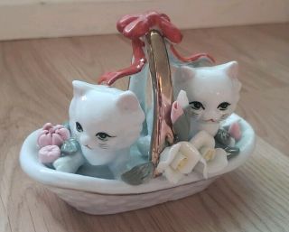 Vintage Porcelain Figurine - Two White Kittens In Basket With Flowers And Bow