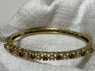 Vtg Heavy Solid 14k Yellow Gold Pearl Ruby/sapphire? Hinged Cuff Bracelet 12.  2gr
