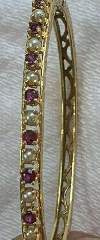 VTG Heavy Solid 14K Yellow Gold Pearl Ruby/Sapphire? Hinged Cuff Bracelet 12.  2gr 2