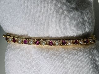 VTG Heavy Solid 14K Yellow Gold Pearl Ruby/Sapphire? Hinged Cuff Bracelet 12.  2gr 3