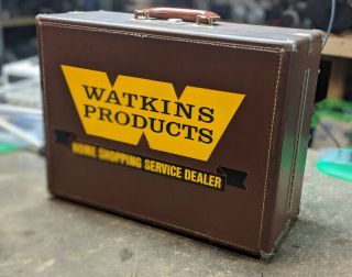 Watkins Products Wood & Leather Traveling Salesman Case W/ Aluminum Sign