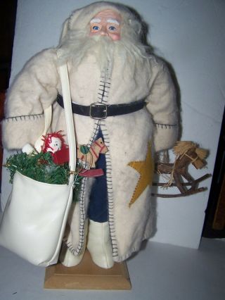 Primitive Lg Country Santa Claus Felted Jacket Blanket Stitch Molded Face 20 "
