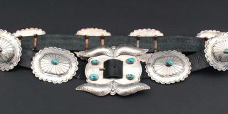 Vintage T K Emerson Navajo Indian Sterling Silver Turquoise Concho Belt & Buckle