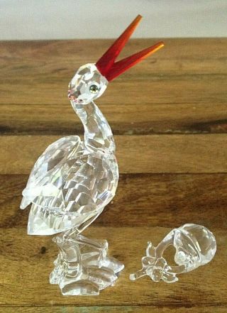 Swarovski Crystal Stork Bird With Baby In Basket 4 3/8 "