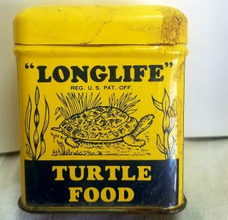 Vintage " Longlife " Turtle Food Yellow And Blue Tin Food In It