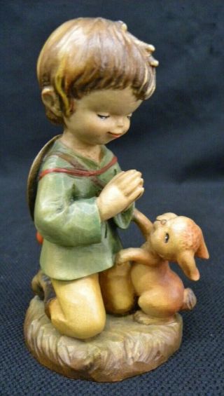 Vintage Anri Hand Carved Wood 5 " Figurine The Prayer Boy W/rabbit Italy