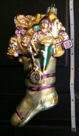 Large Figural Christmas Glass Ornament 8 " Stocking Toys Gold