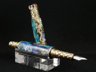 Chinese Dragon Fountain Pen,  Teal On Blue & Brown Resin W/pewter Fittings