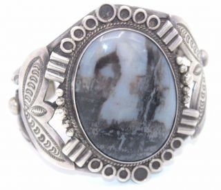 Big Vtg Old Pawn Navajo Sterling Silver Petrified Wood Cuff Bracelet Ornate Work