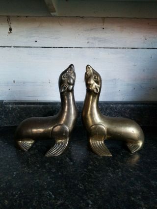 Vintage Solid Brass Sea Lion Seals Bookends 9 3/4 " Nc