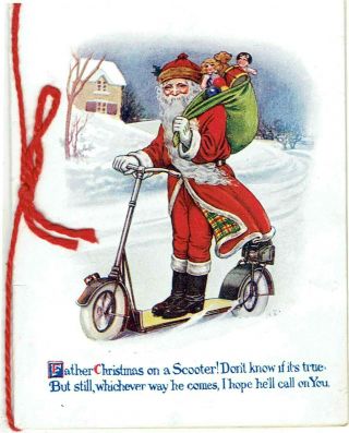 Artist Drawn Old Vintage Christmas Card Father Xmas On Motorised Scooter W & K