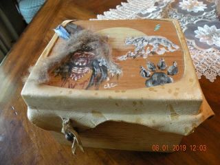 Vintage Wood / Leather Box With Cowboys Indians Horses