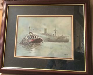 John Kelly; Maritime Artist.  The Tugboat Framed Lithograph.  Plate Signed.