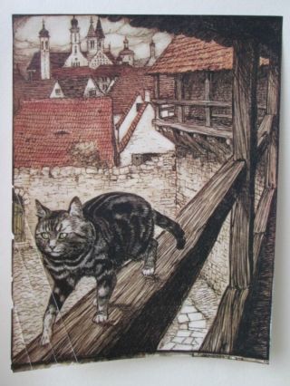Vintage Print,  Cat & Mouse Partnership,  Arthur Rackham,  1907,  Grimm 