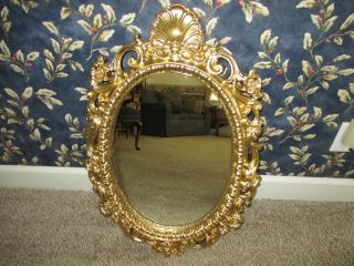 Vintage Large 28 " X 18 " Oval Wall Mirror Ornate Gold Flowers & Scrolls