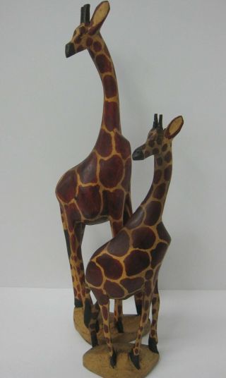 2 Giraffes Hand Carved Wood African Figurines Safari Decor Mother Baby 17 " & 12 "