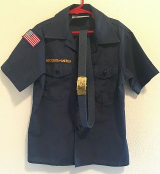 Boy Scouts Of America Official Youth Size S Blue Short Sleeve Shirt With Belt