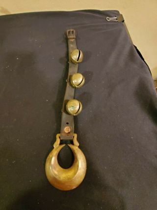Vintage Brass Sleigh Bells Set - 3 1 On Leather Strap,  With Brass Loop Bottom