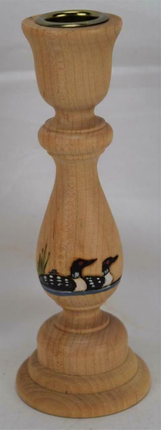 Hand Painted Loon Wood Candle Holder Artist Signed Fuller