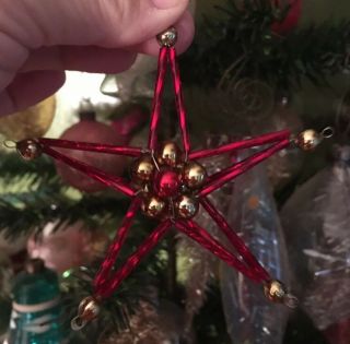 Vintage Mercury Glass Beaded Red / Gold Star Christmas Ornament 3 1/2”