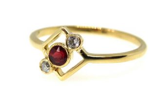 18ct Yellow Gold Art Deco Ruby And Diamond Ring Size L Vintage 1930s