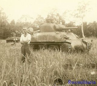 Best Us M4 Sherman Tanks Stopped W/ Troops In Philippine Jungle Clearing