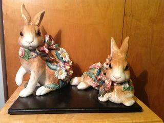 Vtg Fitz & Floyd Pair Classics Woodland Spring Large Rabbit Bunny Daisy Set Of 2