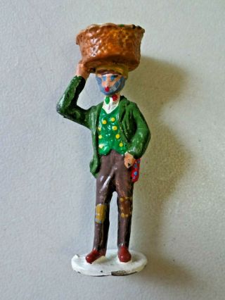 Vintage Lead Metal Toy Figure Man Holding Basket On Head Vendor 2 3/4 " Tall