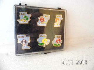 6 Collector M&m/olympics Hat/lapel Pins With Backs And Plastic Display Case