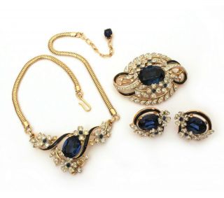 Vintage Trifari Necklace Pin Earrings Sapphire Blue Crystal Rhinestone & Enamel