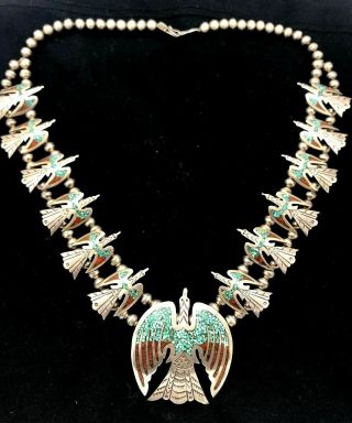 Navajo Vintage Peyote Bird Squash Blossom Necklace Turquoise Signed J.  Degarito