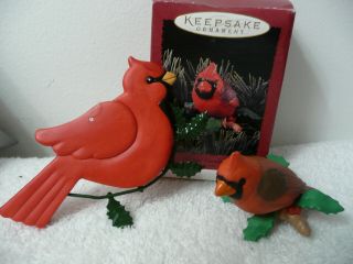 2 Ornaments Ceramic Red Cardinal Bird On Ivy - 1996 Hallmark Regal Cardinal Clip