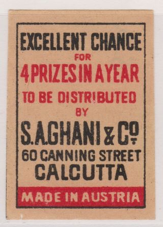 Old Matchbox Label Austria For India,  " S.  A.  Ghani & Co " Calcutta