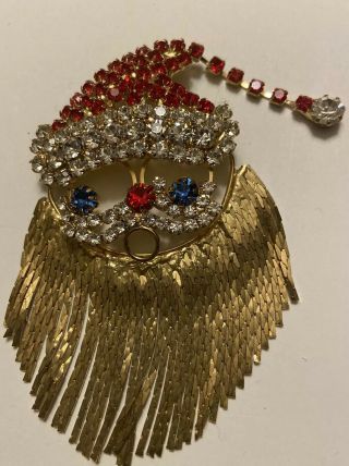 Cute Santa Face Pin In Gold,  Red,  Blue And Clear Rhinestone 3” By 2–/4”