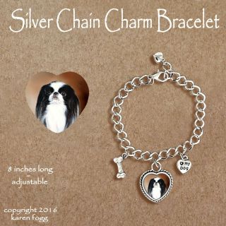 Japanese Chin Dog - Charm Bracelet Silver Chain & Heart