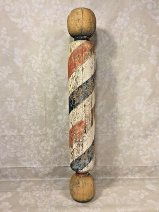 Antique Wood Barber Pole With Vintage Wood Plank Hanger Bracket