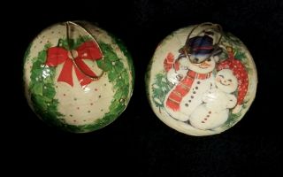 Pair Vintage Decoupage Christmas Ball Ornaments Snowman Christmas Wreath Taiwan