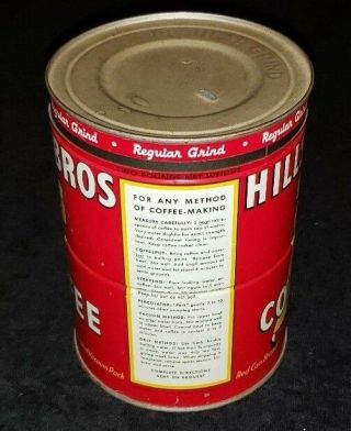 Vintage 1930 ' s Hills Bro coffee can with lid 2lbs size 2