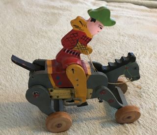 Wooden Toy Wind Up Cowboy On Horse.  Early Japan.  Pat.  No.  120377