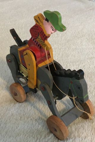 Wooden Toy Wind Up Cowboy on Horse.  Early Japan.  Pat.  No.  120377 2