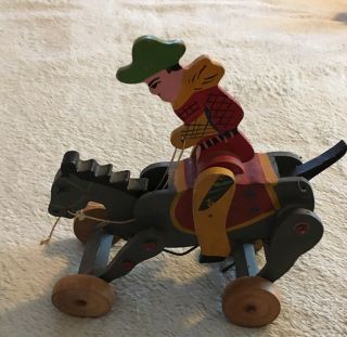 Wooden Toy Wind Up Cowboy on Horse.  Early Japan.  Pat.  No.  120377 3