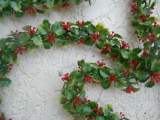 9 Feet Vintage Plastic Christmas Garland W/green Leaves & Holly Berries