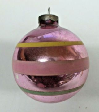 Vintage Glass Christmas Tree Ornament Pink Yellow Green Stripes Usa 3 " Round