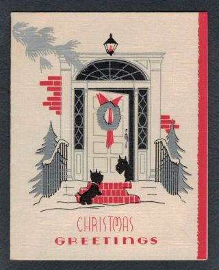 Two Black Scottie Terriers Dogs Door Tree Christmas Vintage Art Deco Card