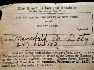 1937 Special Juror Summons - N.  Y vs.  Robert Irwin (the Mad Sculptor) Murder Trial 2