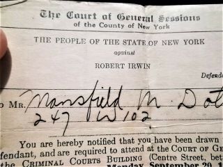 1937 Special Juror Summons - N.  Y vs.  Robert Irwin (the Mad Sculptor) Murder Trial 3