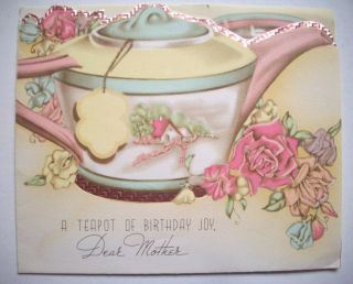 Teapot Rose Foil Trim,  To Mother Birthday Greeting Card 1s